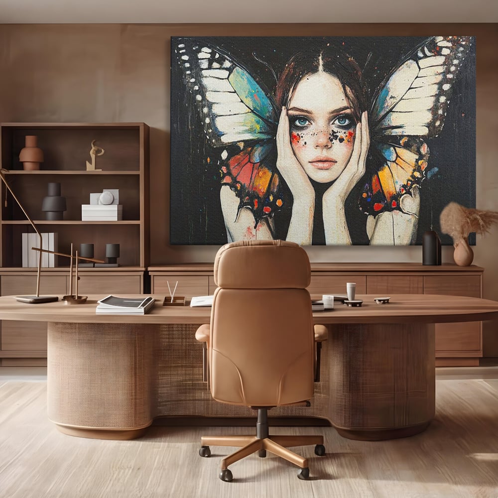 Tablou canvas cu tablou canvas cu femeie si aripi de fluture, fara rama, pe sasiu de lemn, pe perete intr-un birou